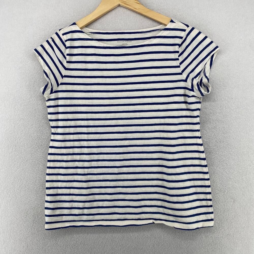 EILEEN FISHER Top S Organic Cotton Jersey Sailor Stripes Cap Sleeve Blue